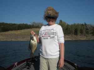 Wife with 2 lb crappie at Table Rock, 2013