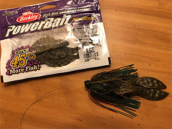 A green pumpkin MaxScent Meaty Chunk pairs well with a Siebert Outdoors Dredge Brush Jig in Bama Craw.