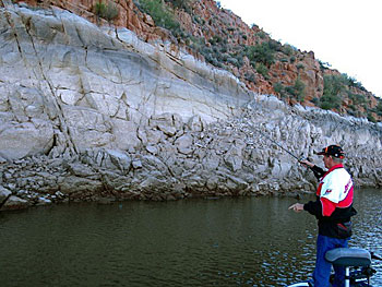 When the water is falling, steep rocky banks can be ideal structure for bass — they allow the bass to change depths rapidly, and provide plenty of food.