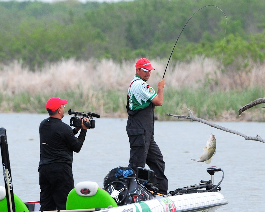 Diet Mountain Dew pro Jason Christie of Oklahoma catches one of his five bass early