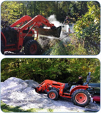 Top: Dumping lime on a barge. It is washed off the barge with a water pump. Bottom: Preparing to lime a pond with low pH.