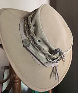 Jerrys hat with rattlesnake skin. Notice the tail has 8 rattles.