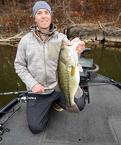 Letting his jerkbait slowly sink to rocky bottoms or wood cover produces quality wintertime bass for Andy Messina.