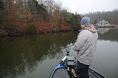 Steep banks are ideal spots for slowly sinking a jerkbait for wintertime bass. 