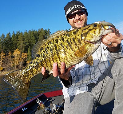 The author with a beautiful Lake Coeur d’Alene fall smallmouth bass.