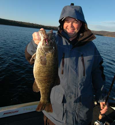 A jig is ideal for catching wintertime bass along a bluff-end transition bank.