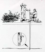 A rope or cable is attached to the duckbill anchor and the anchor is driven into the pond's bottom (click to enlarge)